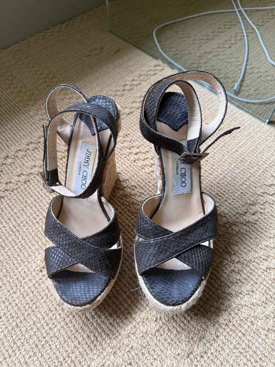 Jimmy Choo Shoes - Jimmy Choo Chocolate Brown Snake Embossed Espadrille Wedges Size 7